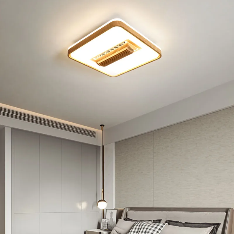 Nordic Wood Grain Ceiling Fan Lights Bedroom Bladeless Electric Fan Lamps Round Square Ceiling Lamp Silent Ventilator Fixtures