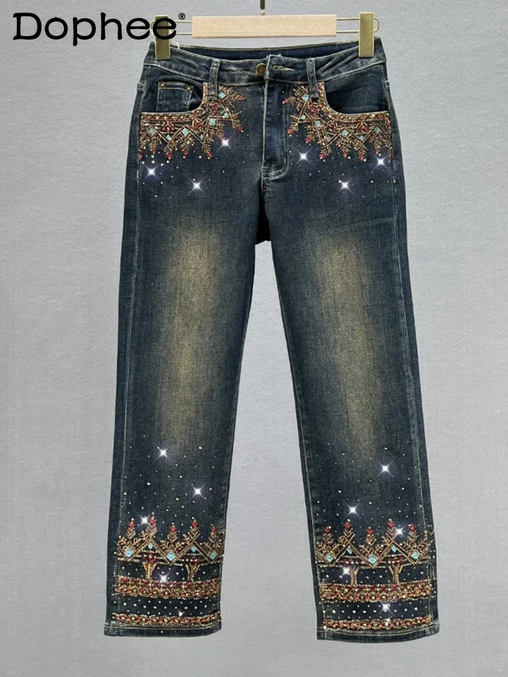 

Eight-point Denim Straight-leg Pants Women 2024 New Autumn Clothing Elastic Retro Embroidered Hot Diamond Pipe Pants Female