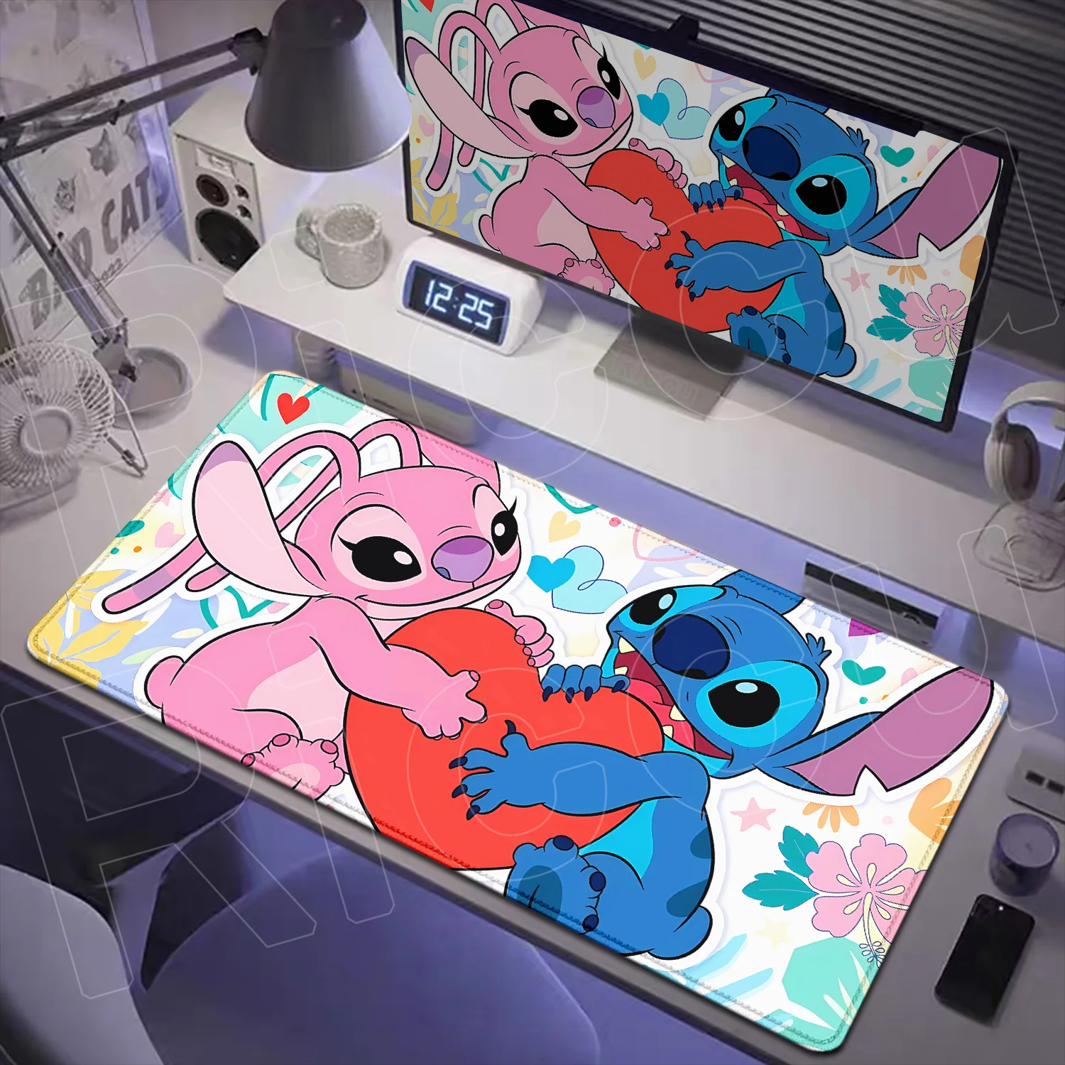 HD Printing Pink Heart HD Deskmat Kawaii Laptop Office Gaming Accessories Cute Anime Stitch And Angel Non-slip Keyboard Mousepad