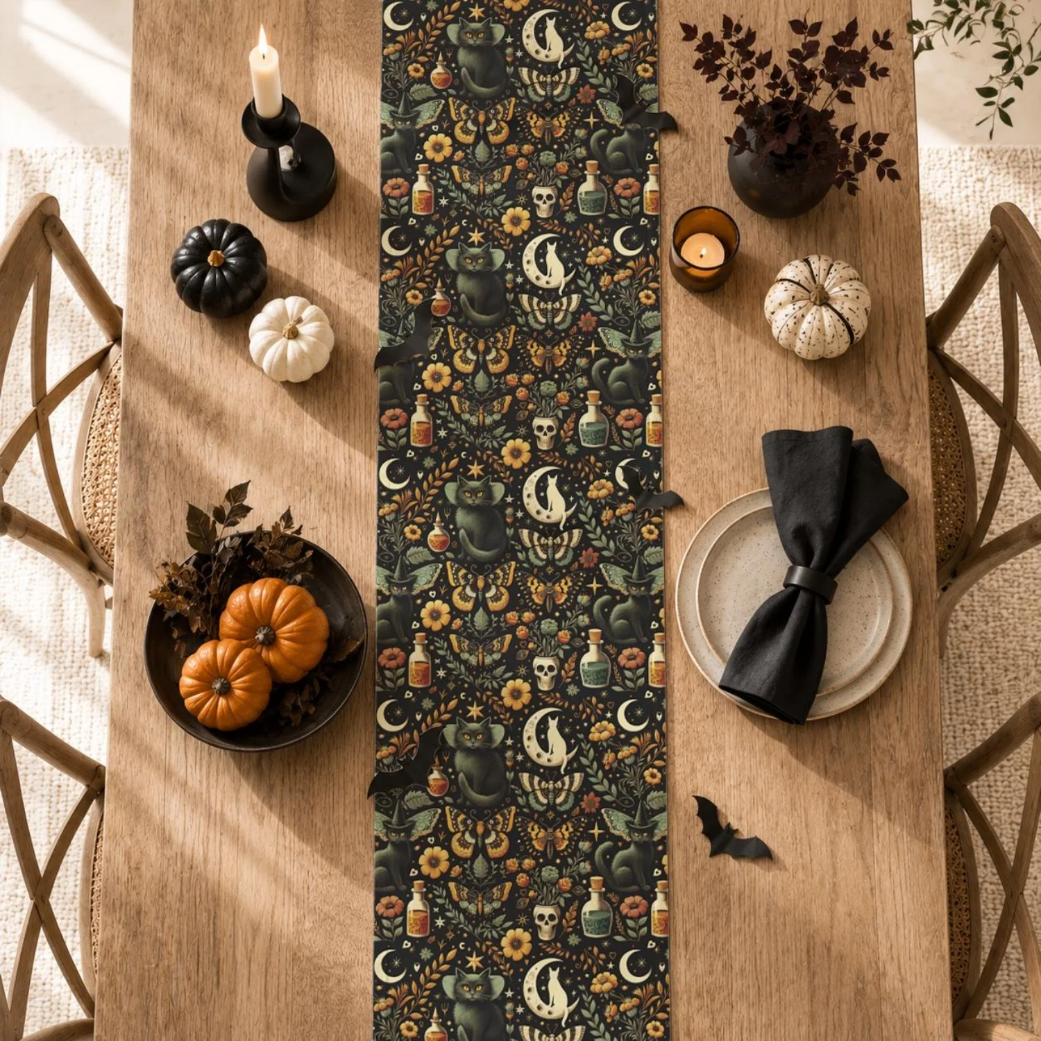 Halloween Table Runner,Celestial Gothic Home Decor,Fall Floral Witchy Linen,Samhain Dining Altar Cloth,Halloween Party Decor