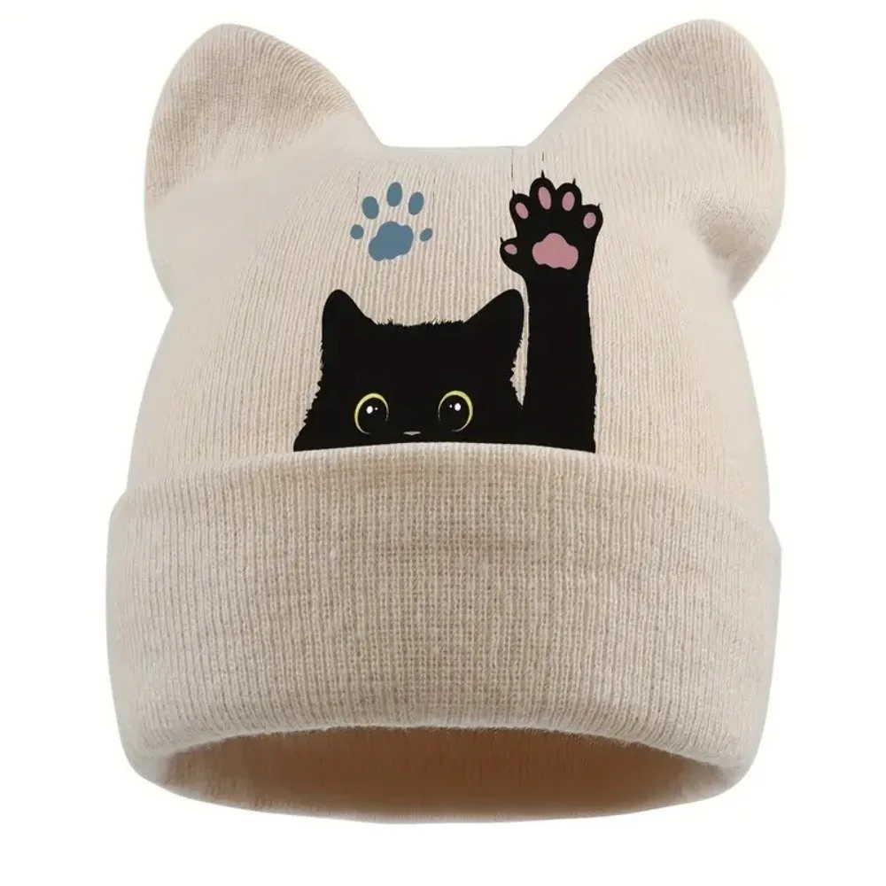 Gifts Knit Cat Ear Beanie Hat Y2K Harajuku Stretchable Winter Knit Hat Punk Gothic Brimless Skull Cap Casual Streetwear