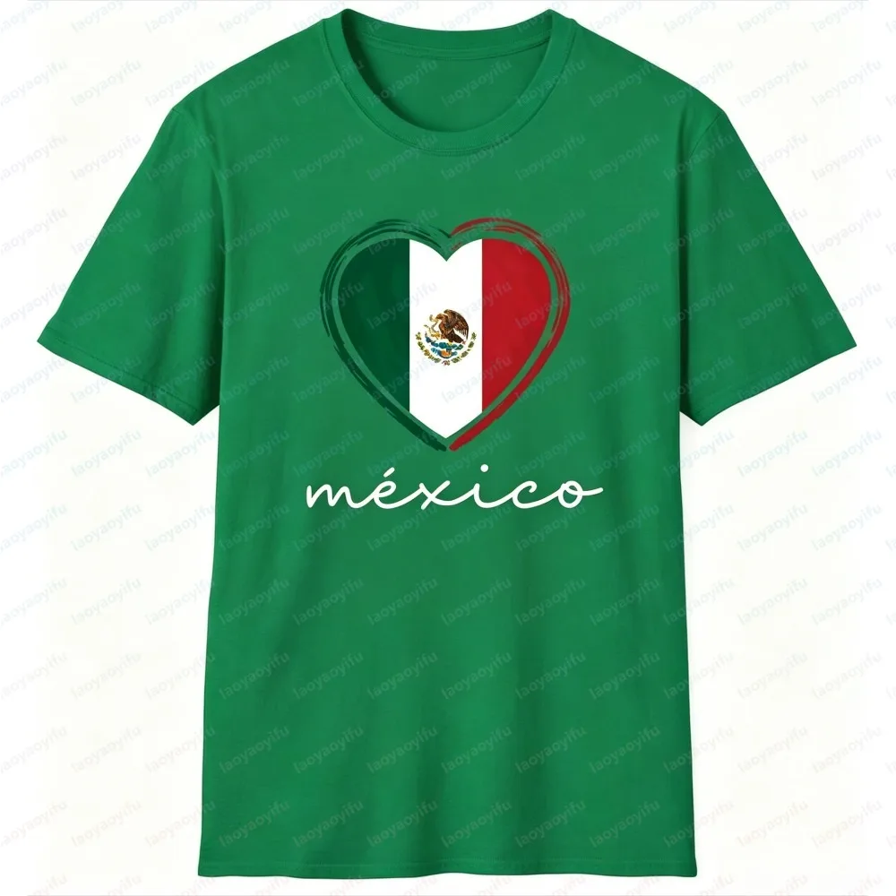 Unisex Summer Short Sleeve Fashion T-Shirt Mexico Flag Heart Print Casual Mexican Pride Fiesta Stylish Streetwear Party Tee