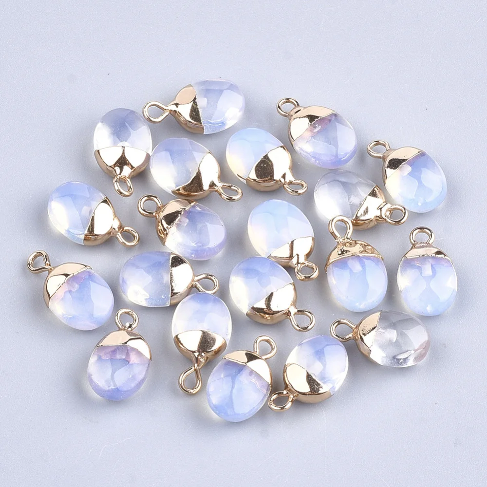 2Pcs Oval Electroplate Opalite Charms Opalite Charms 14x8x5mmmm Faceted Oval Golden Pendants with Iron Findings 1.8mm Hole Ideal