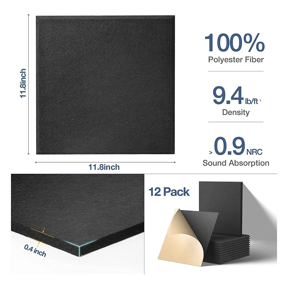 Self-Adhesive Acoustic Panels 12 Pack,12 x 12 x 0.4 inch Sound Proof Padding,Sound Absorbing Panel for Home ,Black