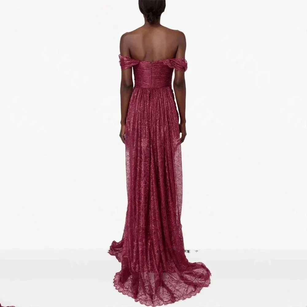 Sansa Customized Luxury Burgundy Off Shoulder Sweetheart Pleated Lace Mermaid Evening Gowns Vestidos De Noche Formal PromDresses