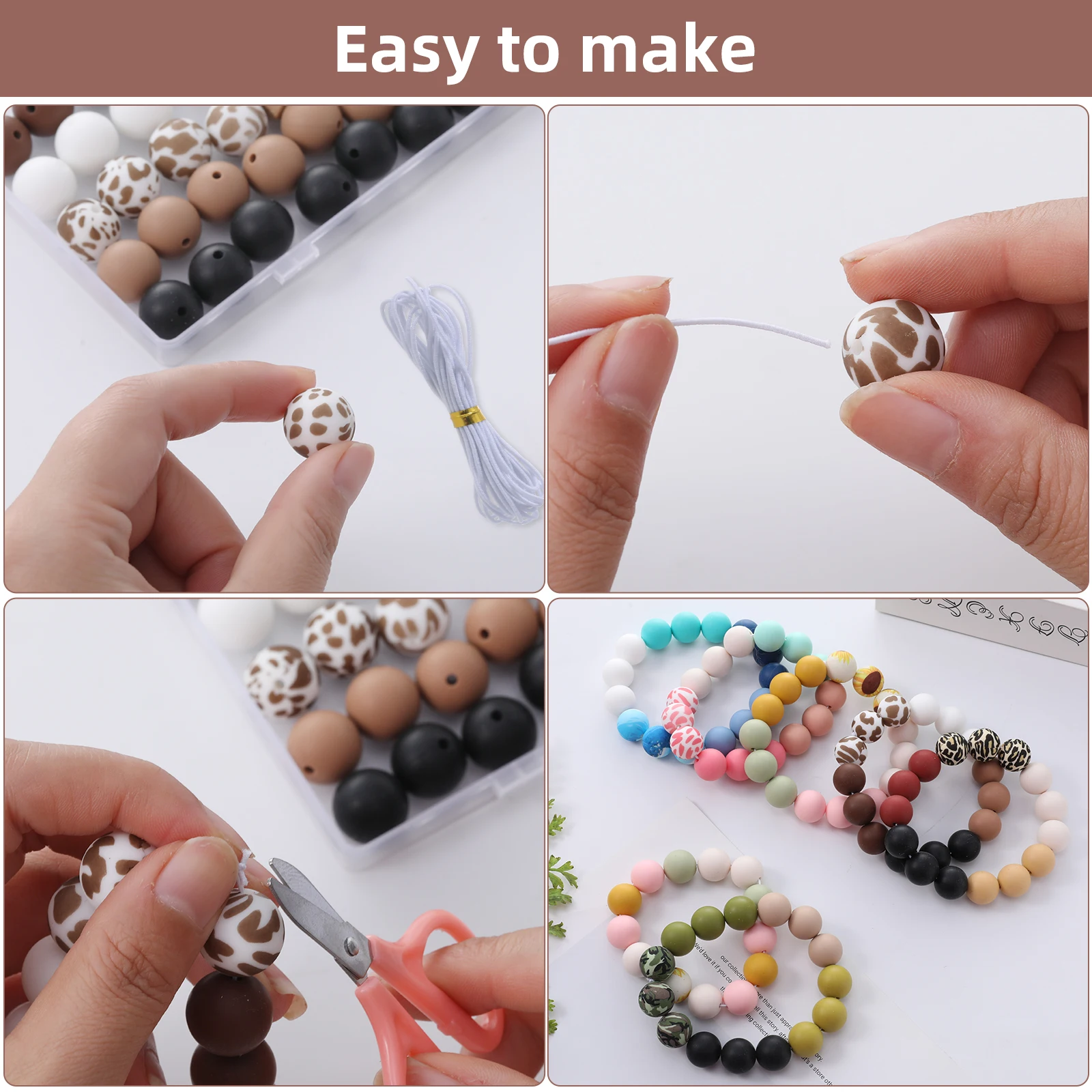 Brown Cow Color Scheme Silicone Bead Set 50Pcs 15MM Round Beads for Jewelry Making DIY Keychain Necklace Jewelry Accessories