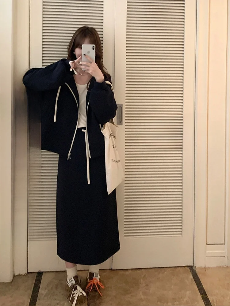 

Комплект Miaolab: Повседневное худи и юбка для женщин, весна-осень, новинка, хлопок, длинный рукав, на молнии