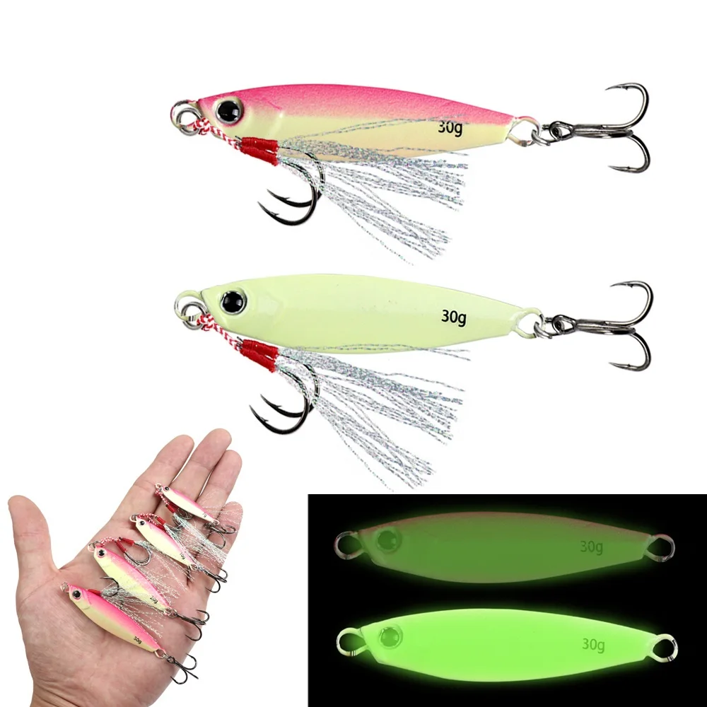 2026 New Far Throw Luminous Iron Plate Lures Double Hook JIG 7g-30g Sea Fishing Spanish Mackerel Shore Casting Glow Metal Baits