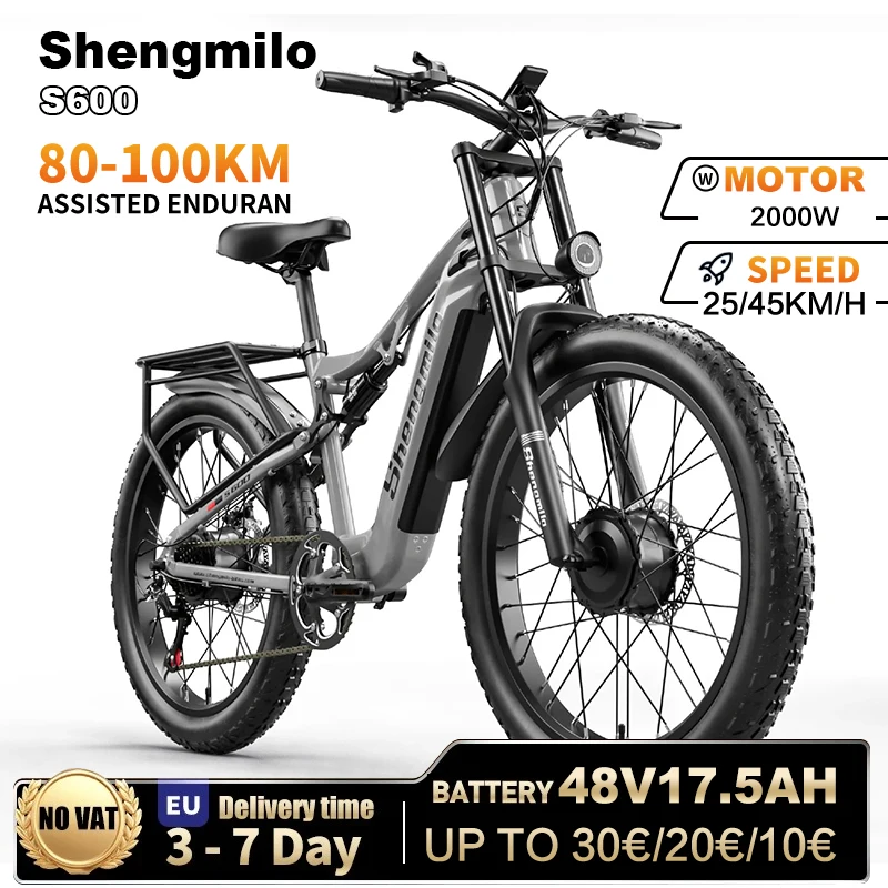 Shengmilo S600 ciclo eléctrico adulto 2000W con dos motores 48V17.5AH 2000W batería 26 pulgadas de ancho tipo bicicleta eléctrica de montaña para hombres