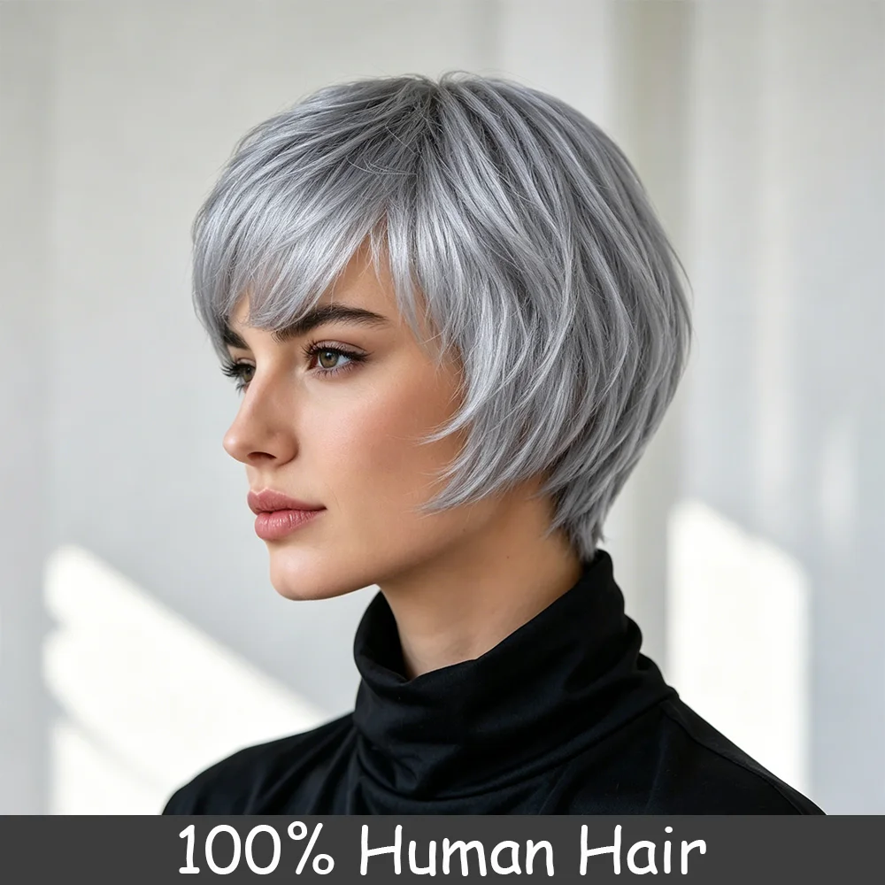 Sliver Gray Pixie Cut Wig Short Straight Human Hair