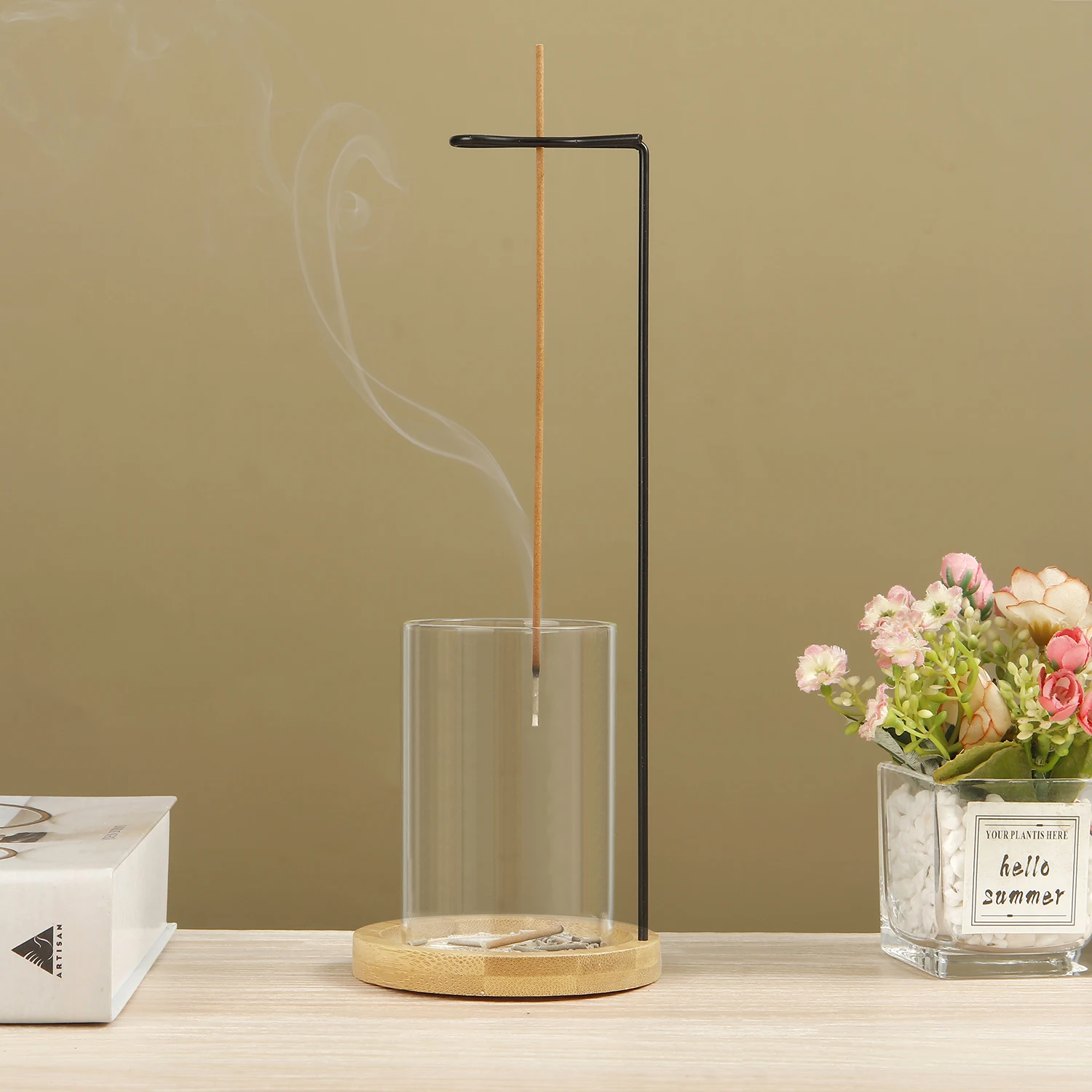 Räucherstäbchenhalter aus Metall für Stöcke, fliegende Anti-Asche-Räuchergefäß mit abnehmbarem Aschefänger aus Glas für Heimdekoration, Yoga, Meditation – Detail 4