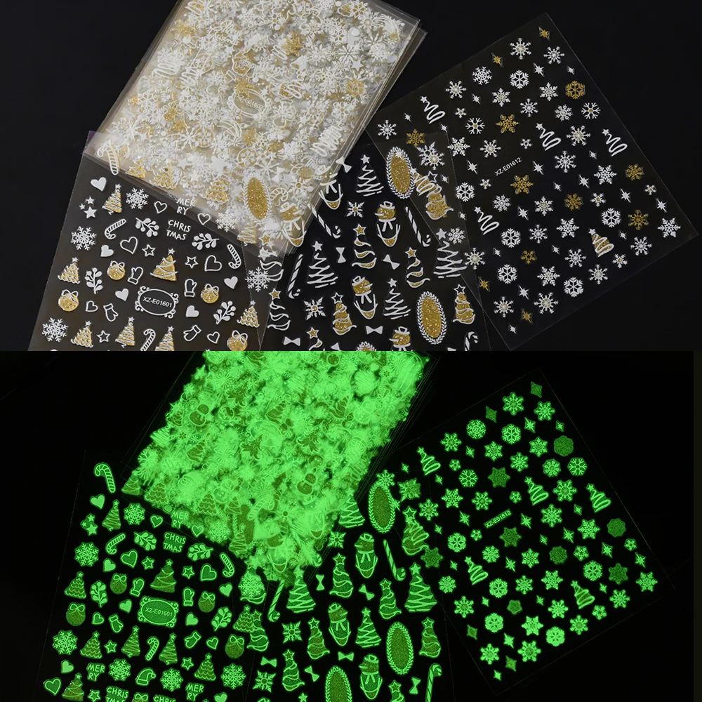 12개입 녹색 야광 눈송이 네일 스티커 샴페인 글리터 축제 패턴 매니큐어