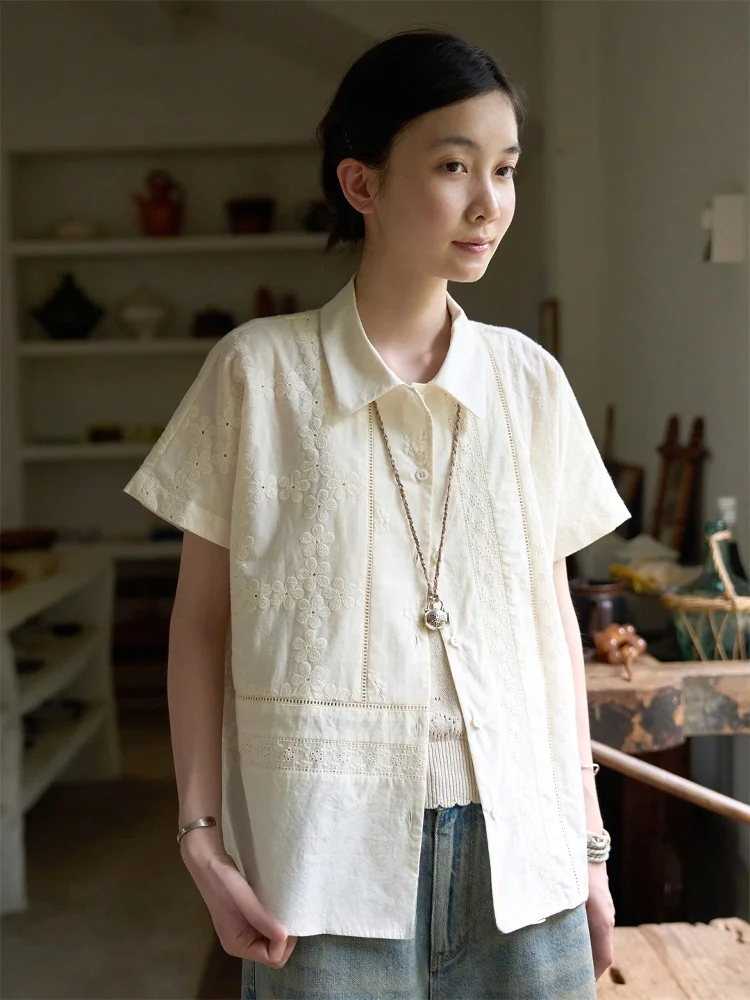 

Seams Sense Artistic Simple Commute Pure Cotton Patchwork Hollow Embroidery Flower Short Sleeve Shirt Top Casual Style