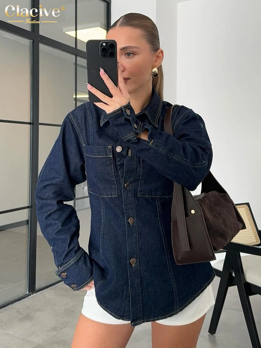 Clacive Fashion Loose Blue Denim Women Shirts 2025 Vintage Lapel Long Sleeve Blouse Elegant Classic Blusa Top Female Clothing