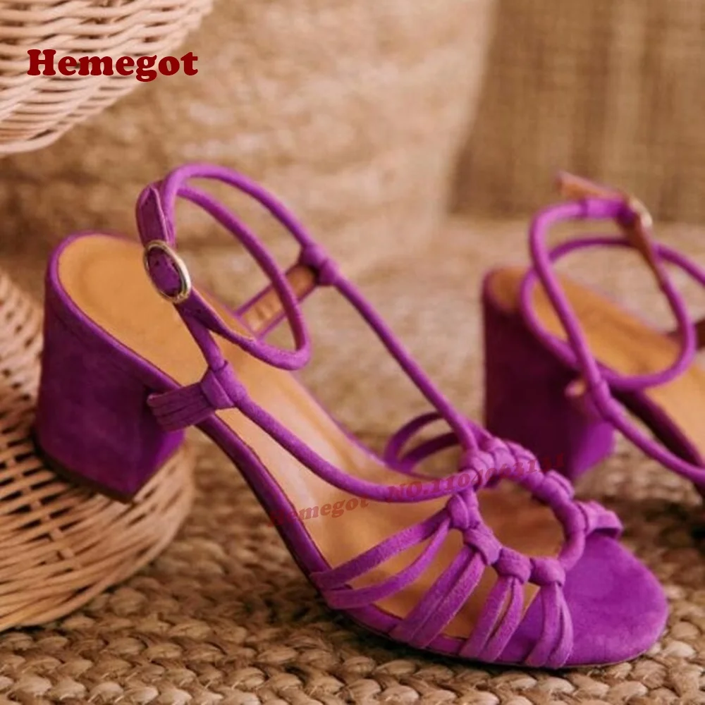

Purple Suede Buckled Sandals Chunky Heels Open Toe Rings Slingback Women's Sandals Cut Out Runway Shoes Splicing Runway Shoes