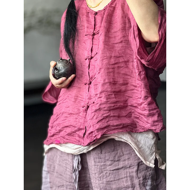 Origineel ontwerp Chinese stijl Ramee zomer Chinese knop shirts voor vrouwen O-hals lange mouw dunne 2025, nieuwe vrouwelijke vintage top