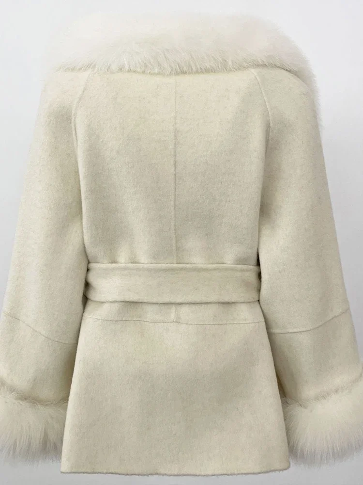 여성용 천연 울 혼방 캐시미어 리얼 퍼 코트 울 재킷 더블 브레스티드 벨트 따뜻한 스트리트웨어 패션 겨울 의류