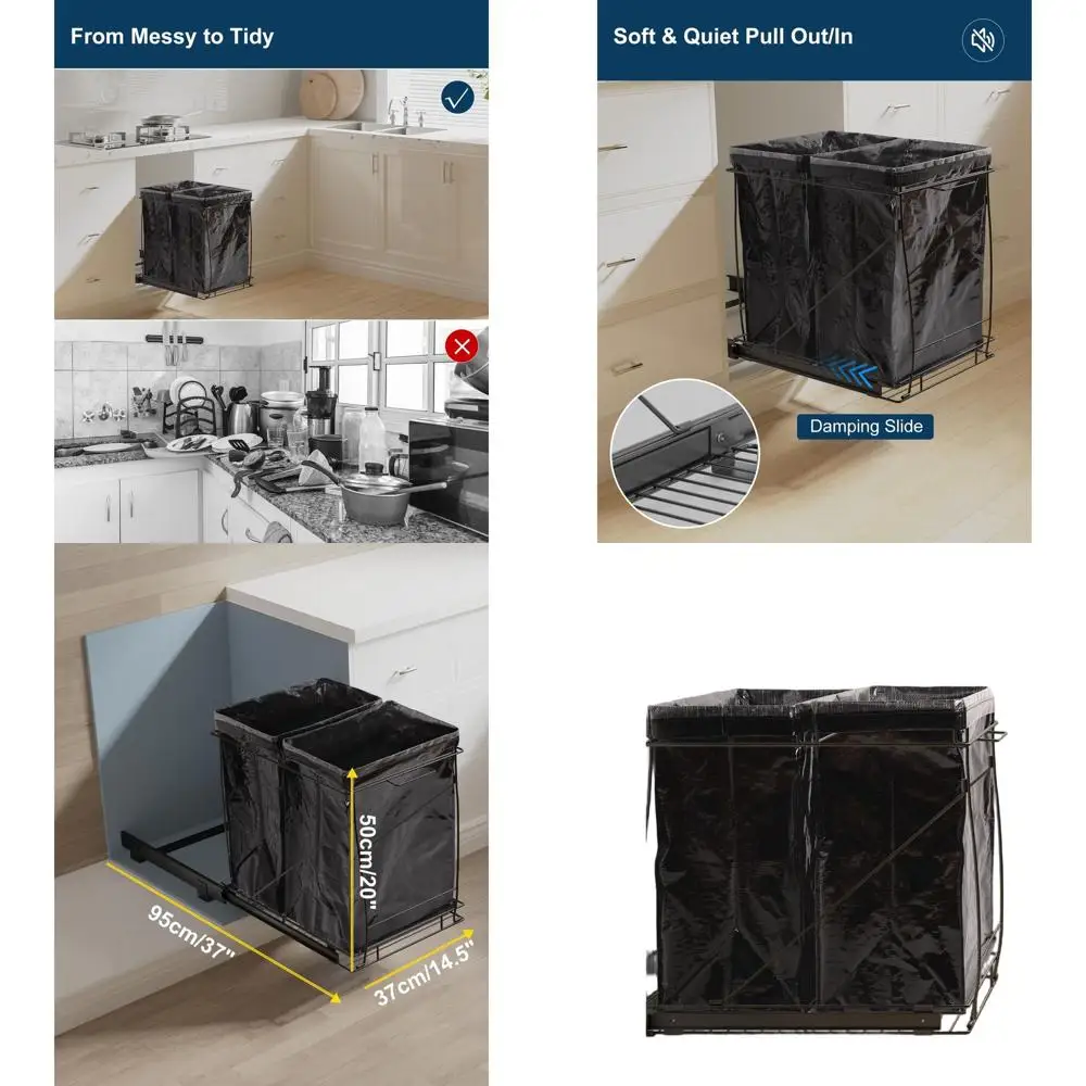 

Double 13 Gallon Stainless Steel Tilt-Out Trash Cans with Soft-Close, Under-Sink Mount, Easy Install, Heavy-Duty Bags Included (