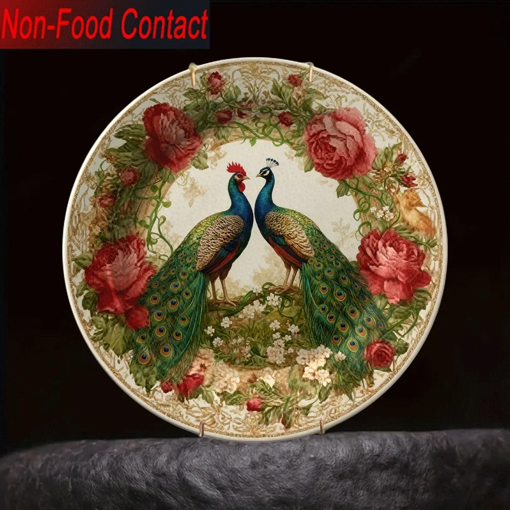 1pc Elegant Peacock & Rose Ceramic Decorative Plate - Non-Food Contact Tabletop Ornament, Classic Home Decor for Living Room,