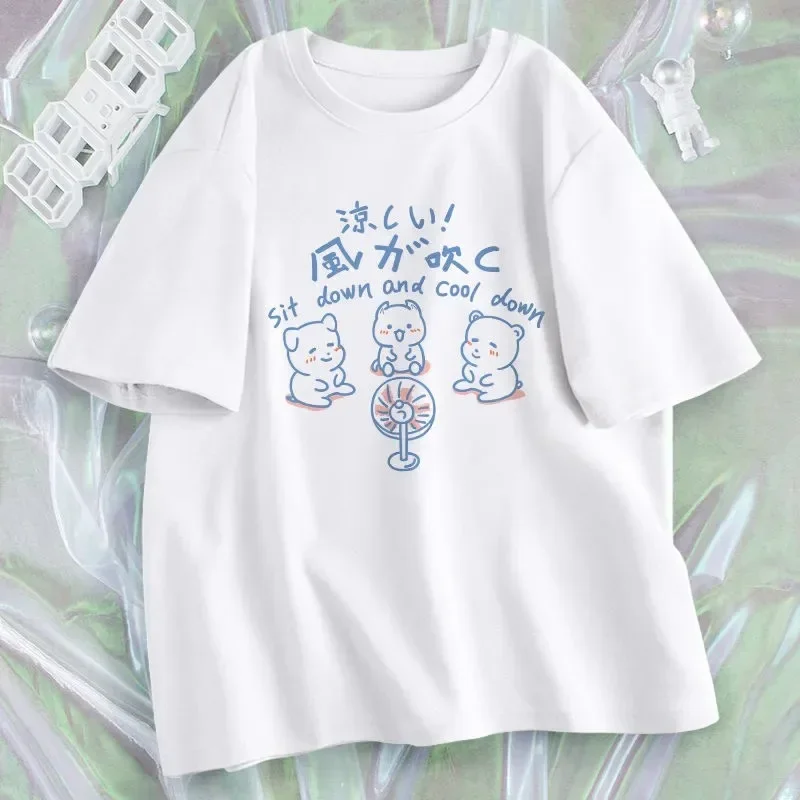 

Fashion Blouse Harajuku Streetwear Cute Cat Print Couple Clothing Cartoon Japanese Style Kawaii Women's T-shirt Y2k Korean Tops