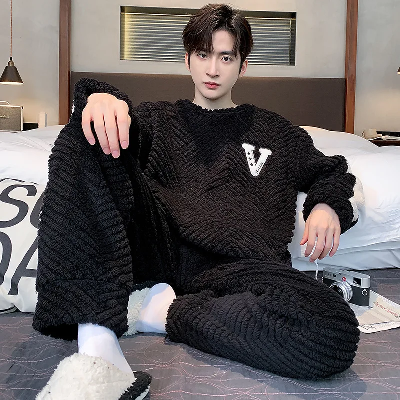 Nouveau المرجان المخملية مجموعة بيجامة Épais Et Chaud أرض الإنسان بيجامة Grande Taille زوجين عادية Rayé بيجامة ملابس منزلية Automne Hiver