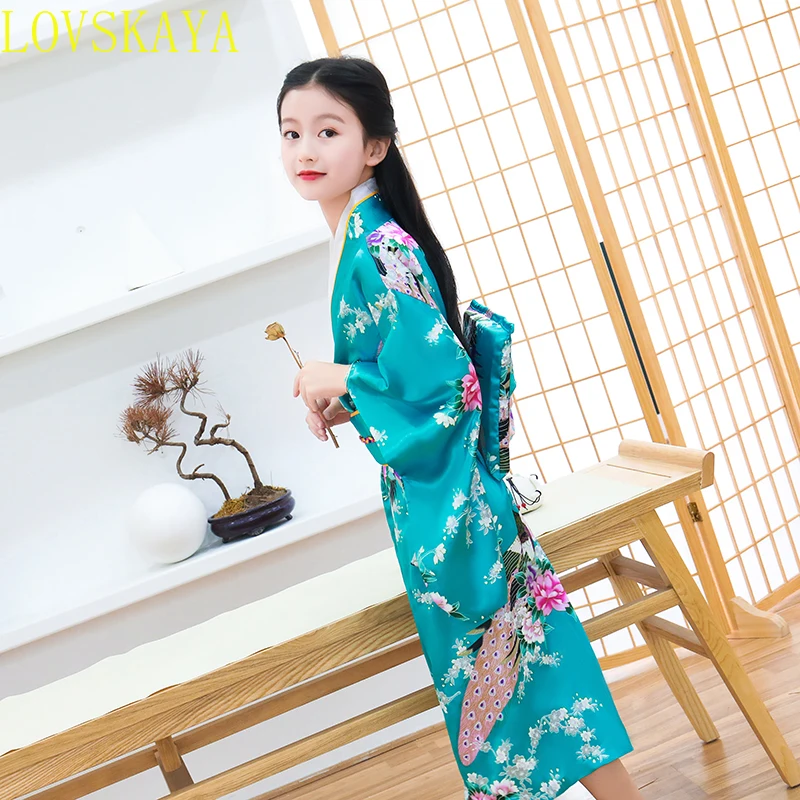 Lovely  Girls Traditional Kimono Gown Yukata With Obi Elegant Japanese Evening Dress Gown Children Stage Show Clothing