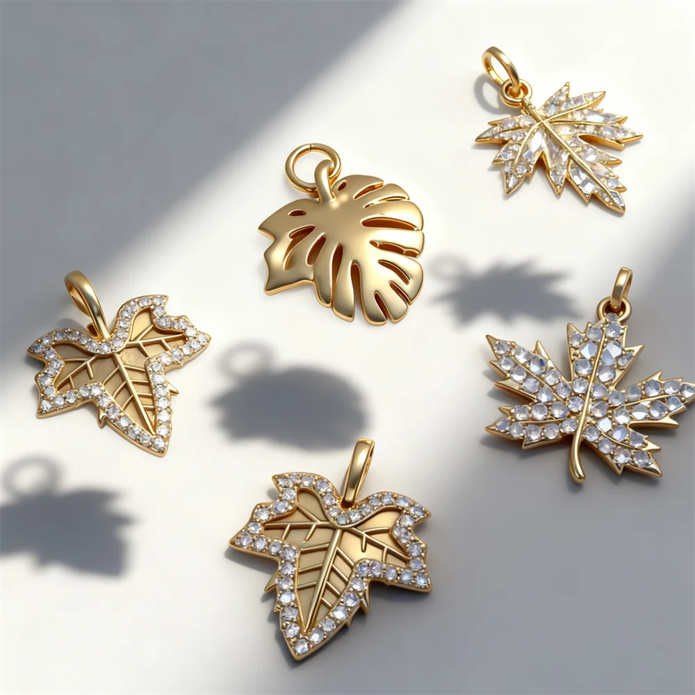 

2Pcs Pendants Brass Cubic Zirconia Leaf Charms for DIY Jewelry Necklace Bracelet Fashion Botanical Accessories Party Decoration