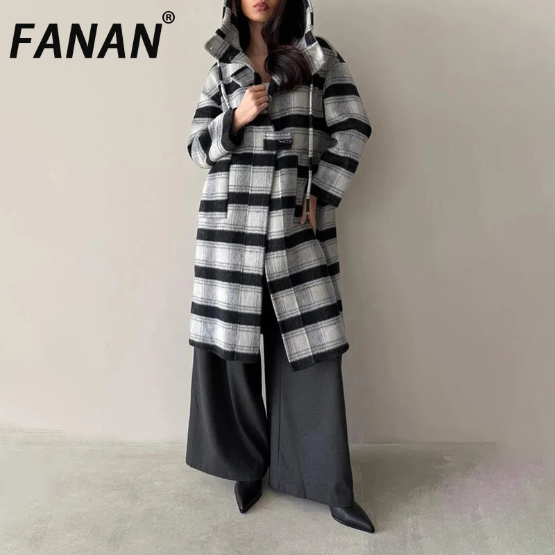 

FANAN 2025 новые зимние шерстяные пальто для женщин с капюшоном и роговой пуговицей, толстая теплая верхняя одежда, элегантные клетчатые куртки контрастного цвета