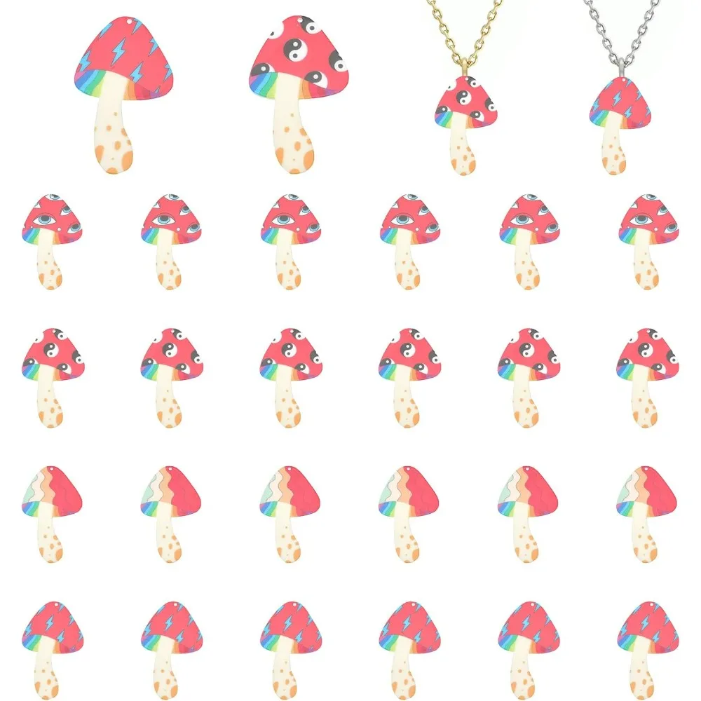 24Pcs 4 Styles Printed Acrylic Mushroom Pendants DIY Mushroom Pendants Cartoon Colorful Mushroom Charms for Jewelry Keychain