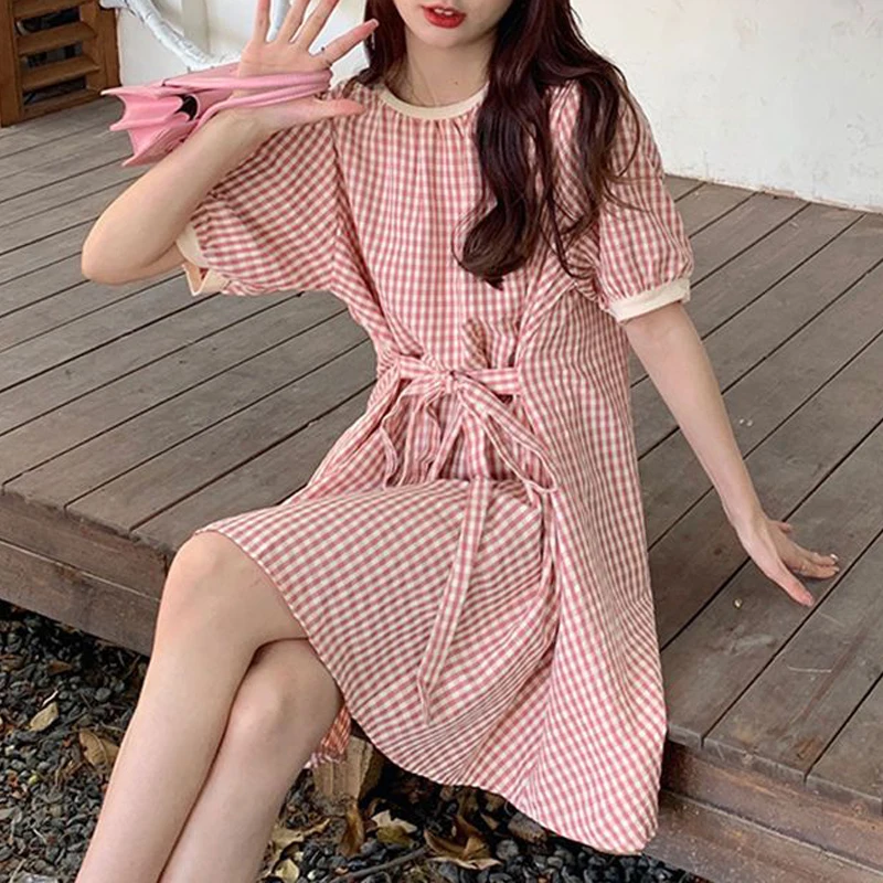 Women Vintage Plaid Print Lace Up Sweet Kawaii Y2K Mini Dress 2024 Summer Female Trendy Casual Short Sleeve Loose Beach Dresses