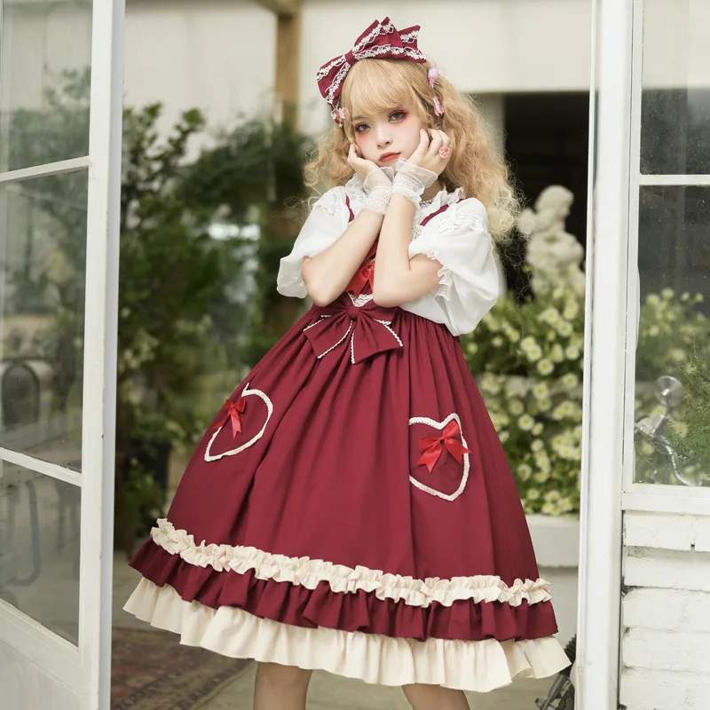 Red Lolita Kleider JSK Sommer Frauen Kawaii Jumper Rock Mädchen Spitze Miads Prinzessin Süße Kleid Japanischen Cosplay Kostüm Kleid