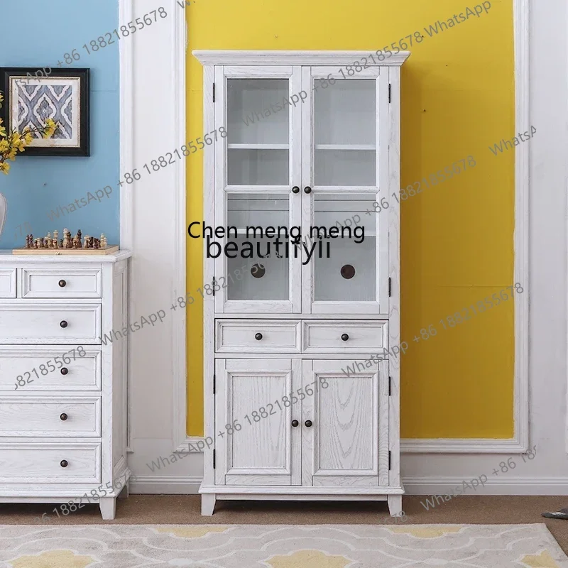 

xz1American pure solid wood glass door two-door bookcase double-door wine cabinet white old ash wood