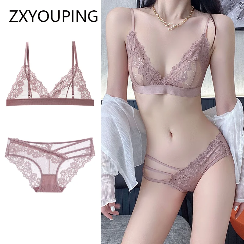 

French Women Sexy Lace Bra Set Non Wire Seamless Bralette Low Rise Panties Ultra-thin Transparent Sexy Lace Lingerie