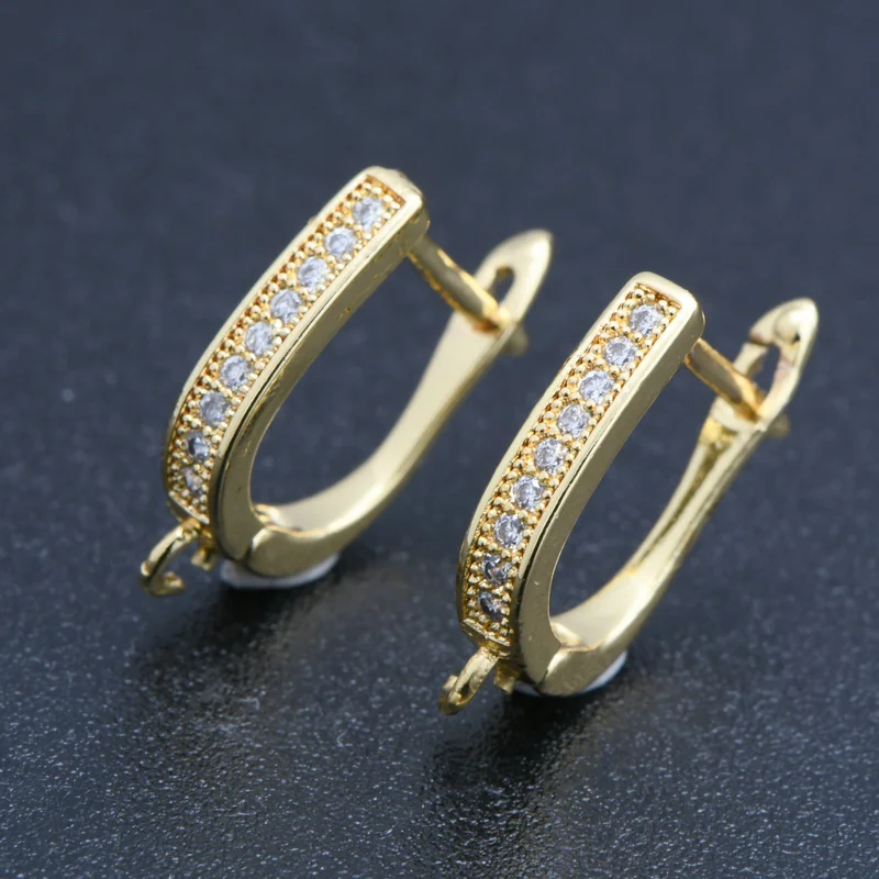 Nickel Free Color Remain Gold Plated CZ Setting Earring Huggie Hooks for DIY Women Stone Pearl Earring