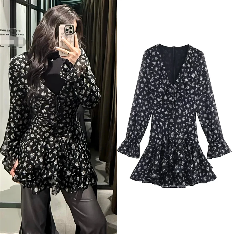 レディースワンピース 2025年秋新作 ブラックプリント 長袖 Vネック レイヤード装飾 ミニワンピース セクシーでファッショナブルなカジュアル