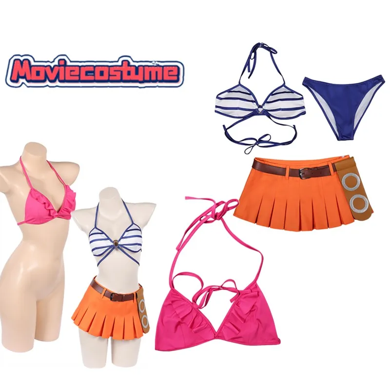 

Nami Cosplay Pink Bikini Top Costume Stripe Swimsuit Shorts Skirt Belt Pirate Fantasia Outfits Halloween Carnival Party Suit