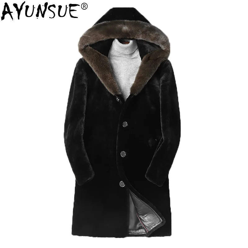 Winter Natural Sheep Shearling Jacket Hooded Mink Fur Collar Real Coat Men Long Jackets Luxury L18-5901 KJ1484