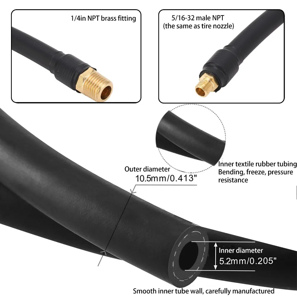Rubber & Copper Air Compressor Hose Double Head Universal Air Pump Tire Inflation Hose 60 / 100 / 300cm Tire Inflator Hose