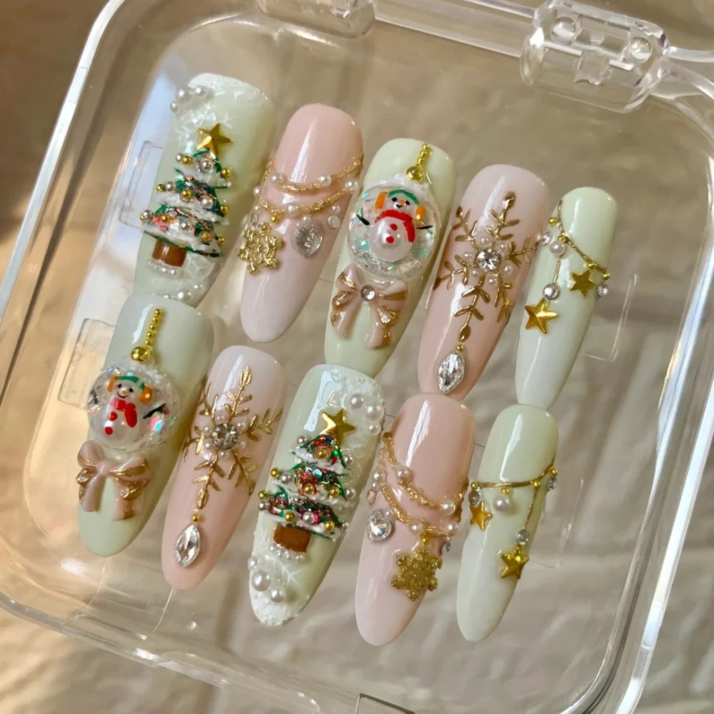 10Pcs Press On Nails Christmas New Nails Ballet Style Handmade Cute Snowman 3D Long Oval Fake Nails Design Art DIY Nails