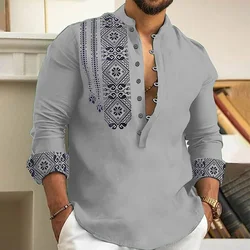 Men Long Sleeve Button-Down Shirt Blouse Loose Henley V-Neck Beach Tops T Shirts