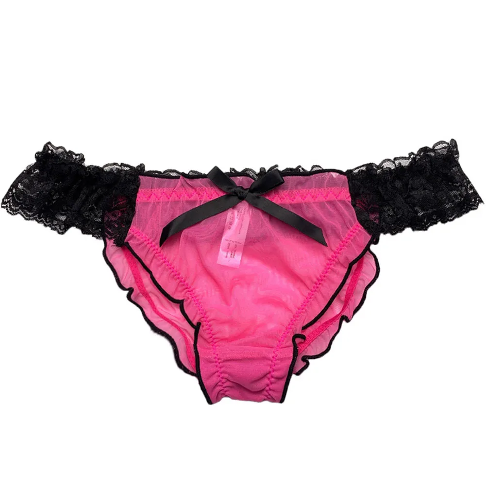Women Low-waist Mesh T-Back Ruffle Briefs Lace Transparent Japanese Woman Panties Bow Thin Underwear BreathableVery Hot Lingerie