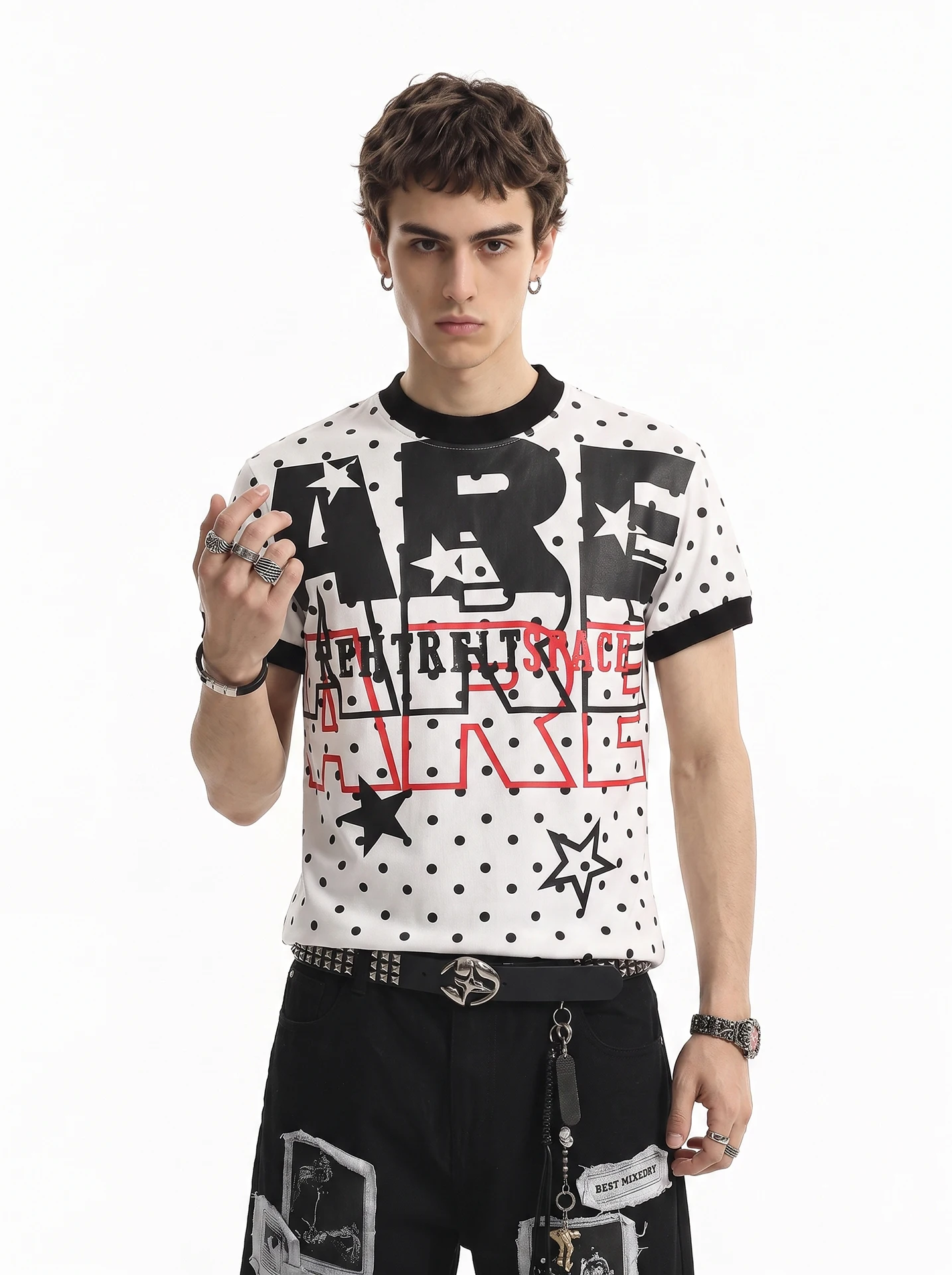 BETEBULE American Style Letter Star Print Polka Dot Short Sleeve Men's T-shirt Summer Street Light Boxy Wide Fit Top