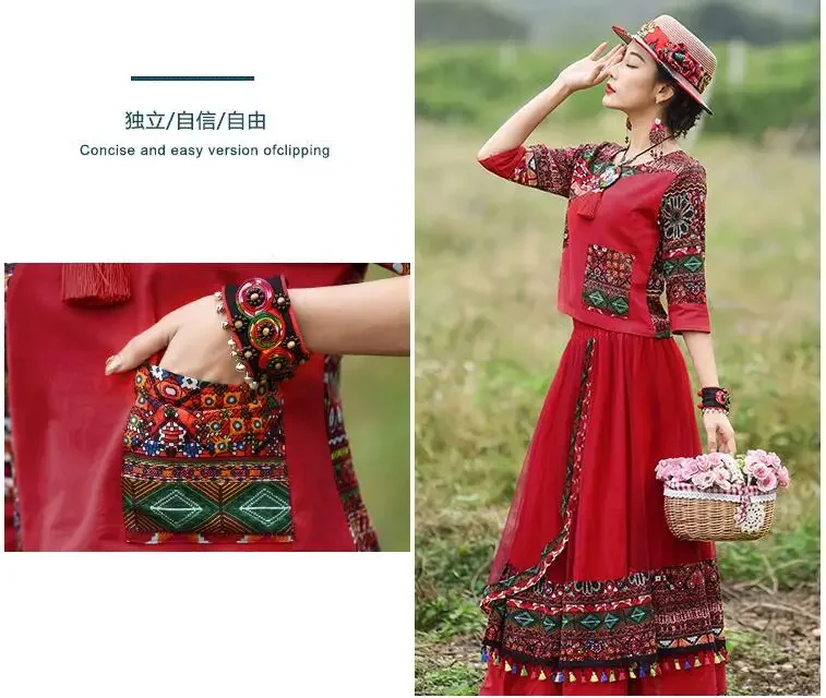 فستان نسائي عرقي صيني مطبوع بدلة صيفية عتيقة على الطراز الرعوي الأحمر