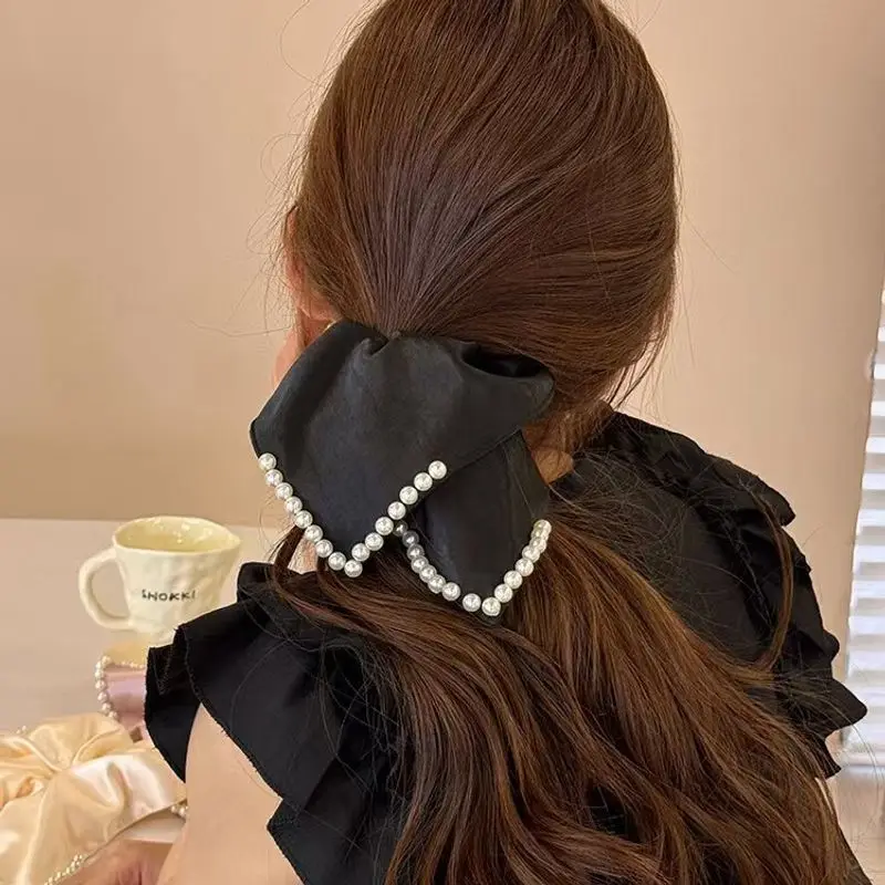 Mouchoir français élégant en perles, bandeau pour gros intestin, cravate pour cheveux de tempérament en satin, accessoire pour cheveux queue de cheval basse, 1 pièce