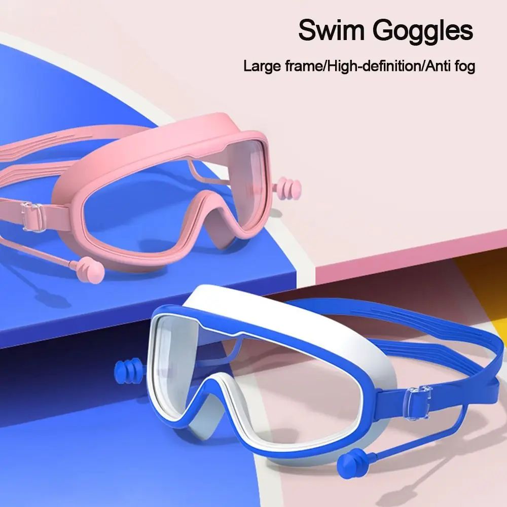 Gafas de natación con tapones para los oídos para niños, montura grande, gafas de visión amplia, gafas de natación de alta definición Unisex