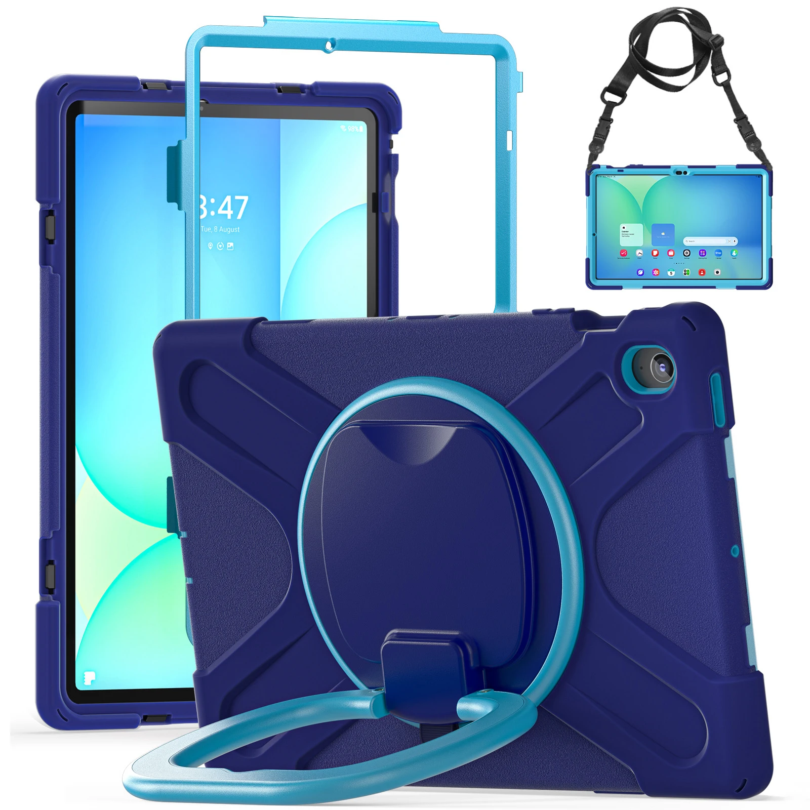 

Tablet Case with Shoulder Strap for Samsung Galaxy Tab S10 FE+ SM-X620 / SM-X626B TPU + PC + Silicone Kickstand Cover - Navy Blu