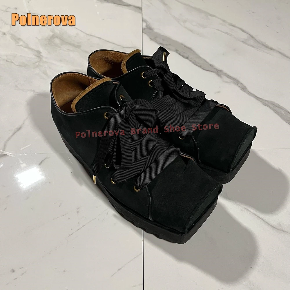 Cross Tied Square Toe Platform Pumps Shallow Solid Casual Couple Shoes Thick Sole Height Increase Patchwork Shoes 2026 New Style