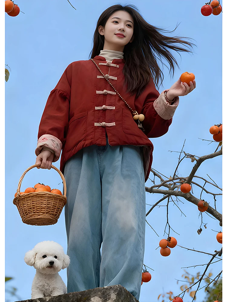 

Новая женская куртка на осень-зиму 2026 в китайском стиле, маленький размер, на пуговицах, теплая хлопковая, для повседневной носки, короткая верхняя одежда