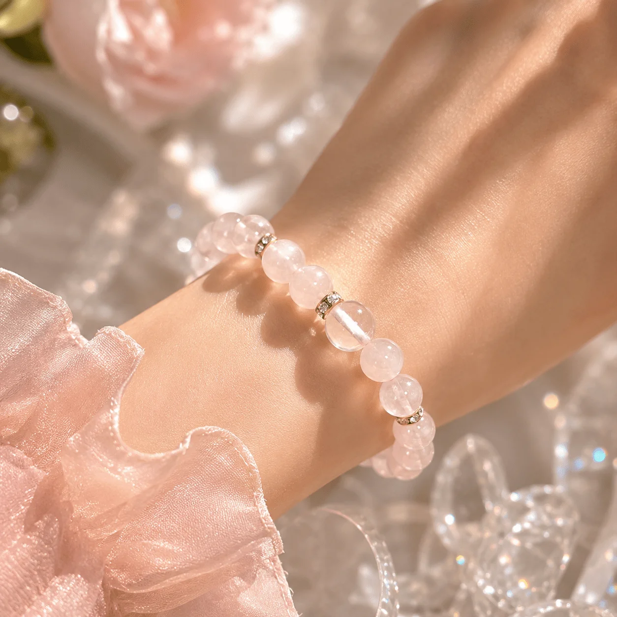 Pink Promise Beaded Bracelet, Light Pink Translucent Stretch Bracelet With Gold Tone Spacer, Meaningful Daily Wear Jewelry Gift