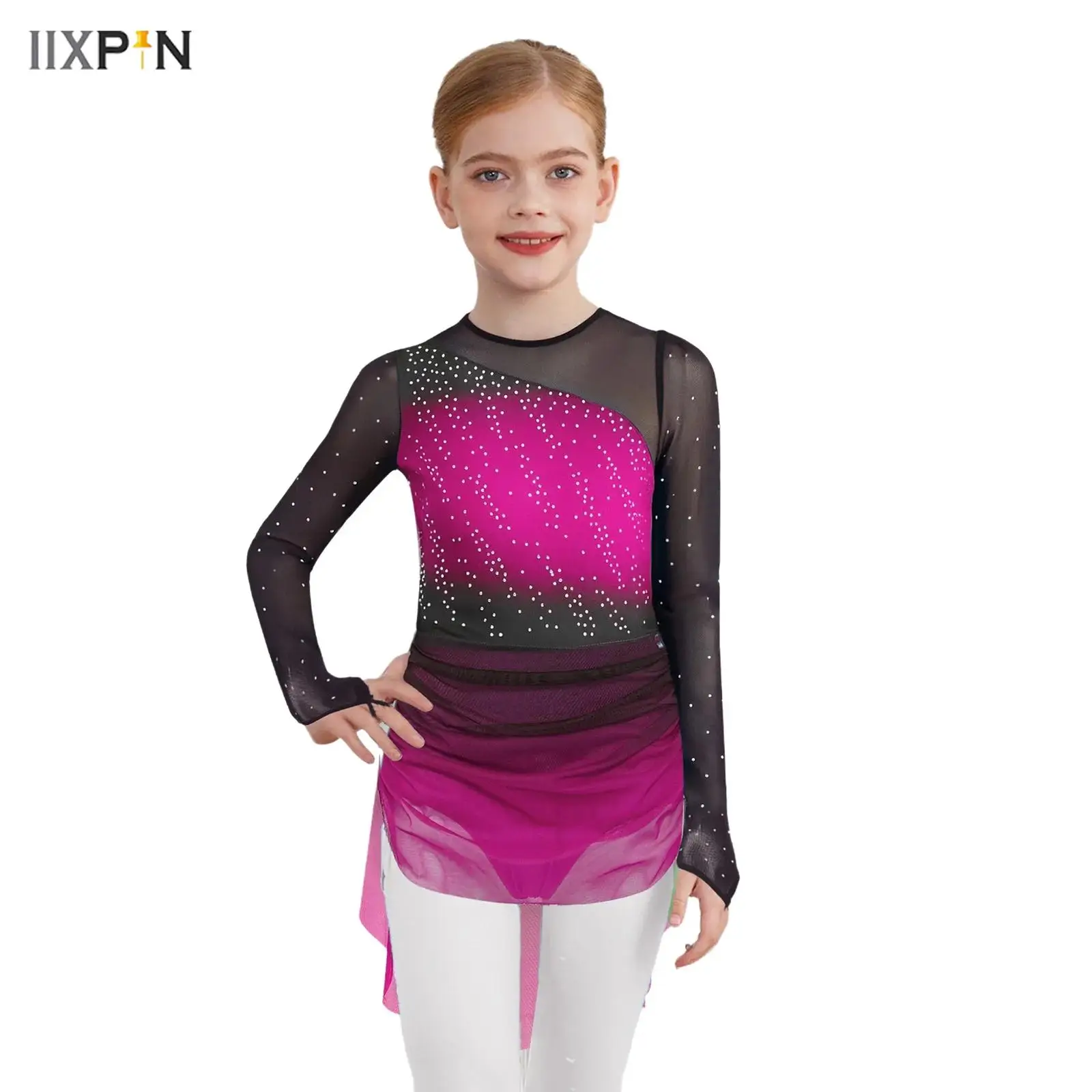 

Girls Gradient Lyrical Dance Leotard Dress Figure Skating Costume Long Sleeves Sheer Mesh Patchwork Sparkly Rhinestones Dress